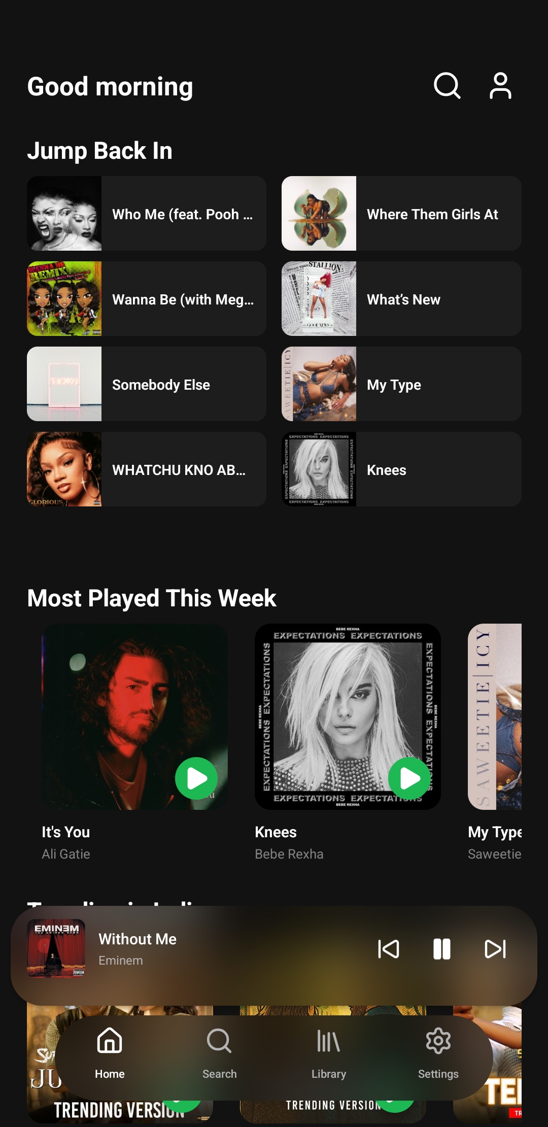 Laika Music app — Home Dashboard showing music discovery feed