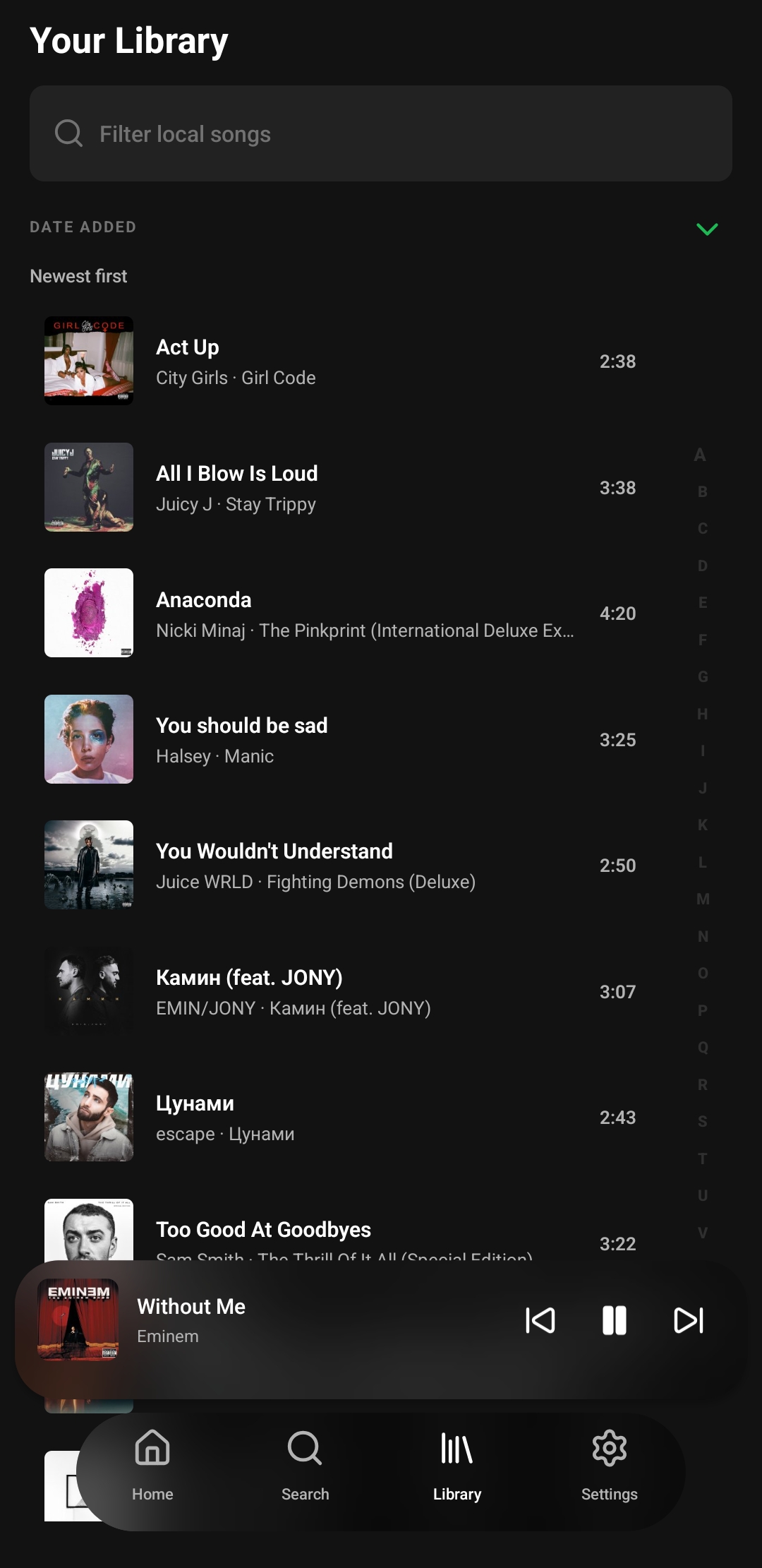 Laika Music local library screen showing offline song collection